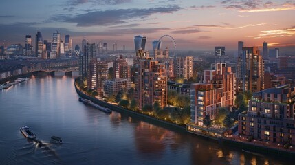 Fototapeta premium Capture the essence of riverfront from an aerial view, highlighting the mix of historic buildings and modern developments along the Thames.