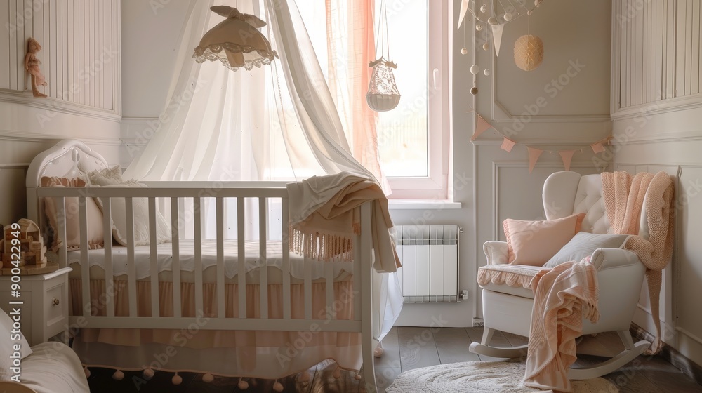 Poster Capture the serene ambiance of a baby room, featuring a white crib with soft pastel bedding, a cozy rocking chair, and a mobile hanging above.