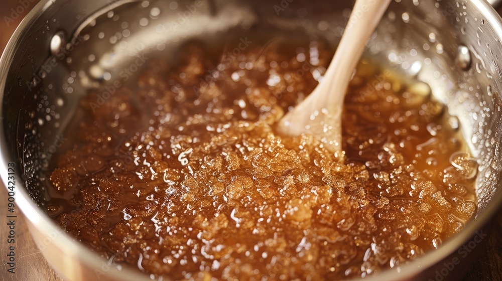 Canvas Prints Caramelizing sugar to make a rich, golden-brown sauce for desserts or savory dishes.