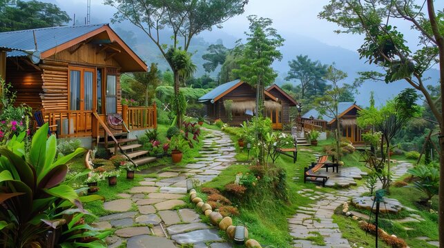 A lush green landscape with a cottage nestled in nature. AI generated illustration