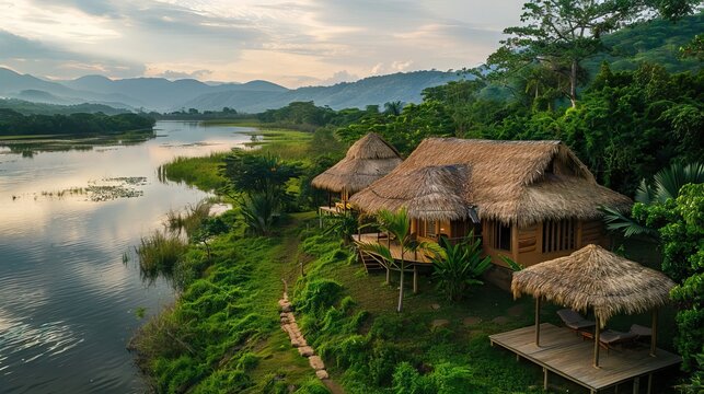 A lush green landscape with a cottage nestled in nature. AI generated illustration