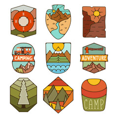 Outdoor adventure badges set. Camping adventure labels in retro flat style. Mountain logos graphics for t-shirt. Stock vector artwork collection.