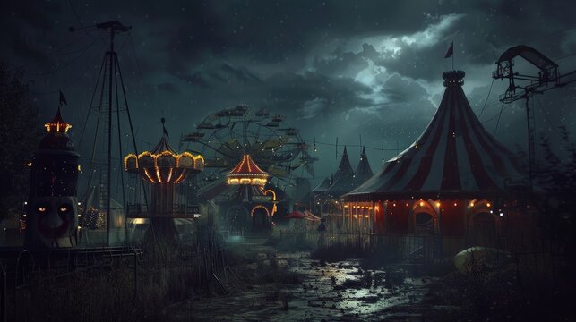 Create a spooky carnival background with creepy clowns, dark tents, and eerie rides under a sinister sky.