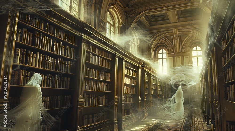 Fototapete Create an image of a spooky library filled with ancient books, cobwebs, and ghostly figures haunting the aisles.