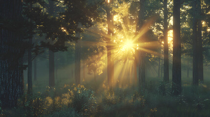 Naklejka premium Vivid sunrise in a tranquil forest clearing, with lush greenery and vibrant colors around.