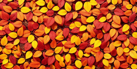 Colorful seasonal autumn background pattern, Vibrant carpet of fallen forest red, orange and yellow leaves.