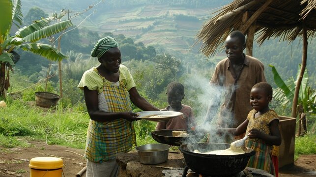 Family in a developing country using solar cookers to prepare meals