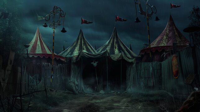 Depict a background of a haunted circus with tattered tents, creepy clowns, and dark shadows lurking around.