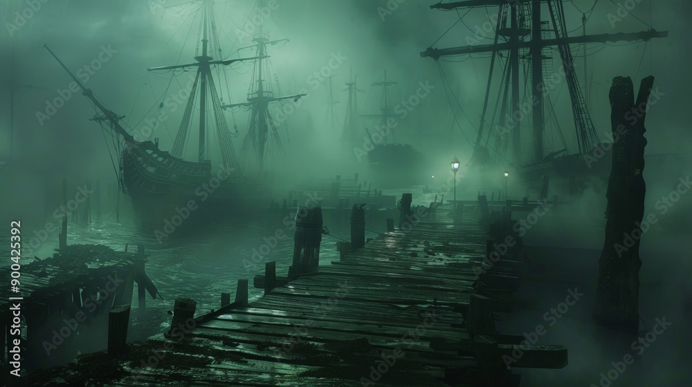 Sticker depict a haunted, foggy pier with creaking boards, ghostly ships, and eerie lights in the distance.