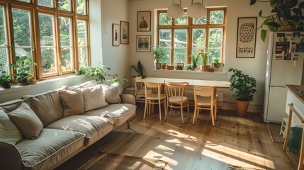 Fototapeta premium Describe the minimalist aesthetics of a Scandinavian-inspired small house. Write about light wood interiors, hygge decor, and how Scandinavian design principles create tranquil 