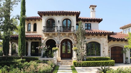 Obraz premium Describe the Mediterranean-inspired details of a villa house exterior. Write about terra cotta tiles, wrought iron balconies, and how Mediterranean architecture evokes a sense of warmth and elegance.
