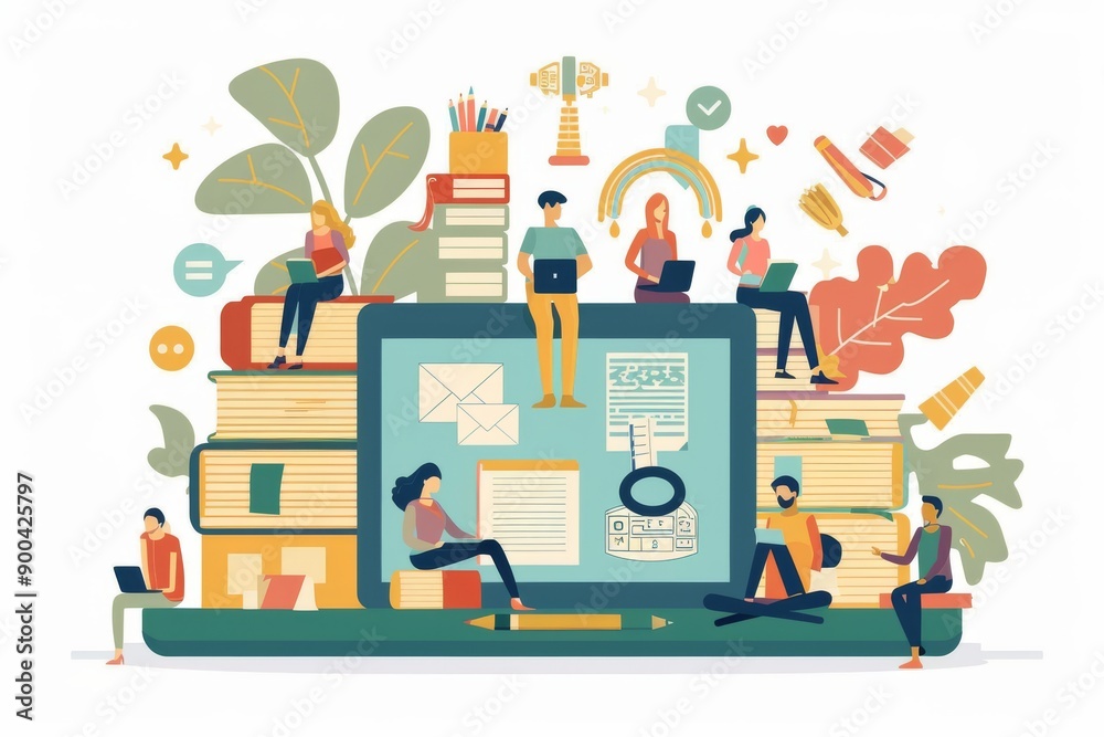 Wall mural minimalist illustration of a diverse group of people collaborating on laptops surrounded by books an