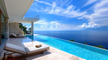 Fototapeta premium Reclining chair near a swimming pool, sea and blue sky panoramic background. 