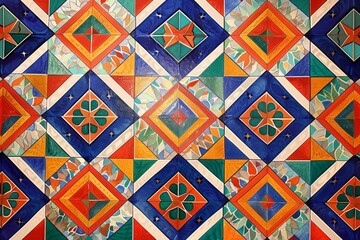 tiled floor with pattern of squares, geometric pattern of repeating diamonds and triangles