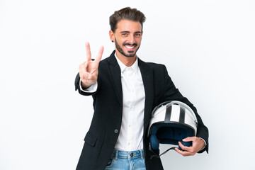 Business caucasian man isolated on white background smiling and showing victory sign