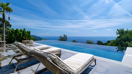 Reclining chair near a swimming pool, sea and blue sky panoramic background. 