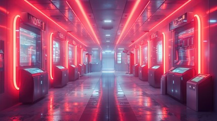 Naklejka premium Futuristic Customer Service Center with Holographic Kiosks and Glowing Waiting Areas