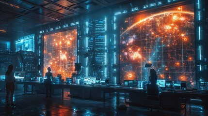 Obraz premium Futuristic Office with Holographic Desks and Bioluminescent Walls for Professional Collaboration