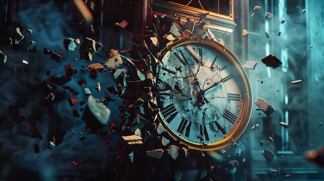 Old clock with explosion effect. Time concept. 3D Rendering.