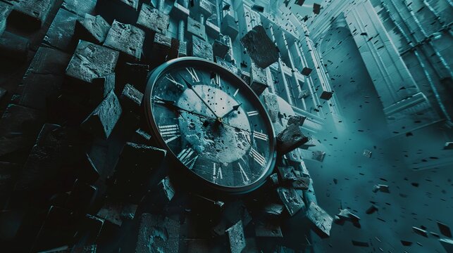 Old clock with explosion effect. Time concept. 3D Rendering.