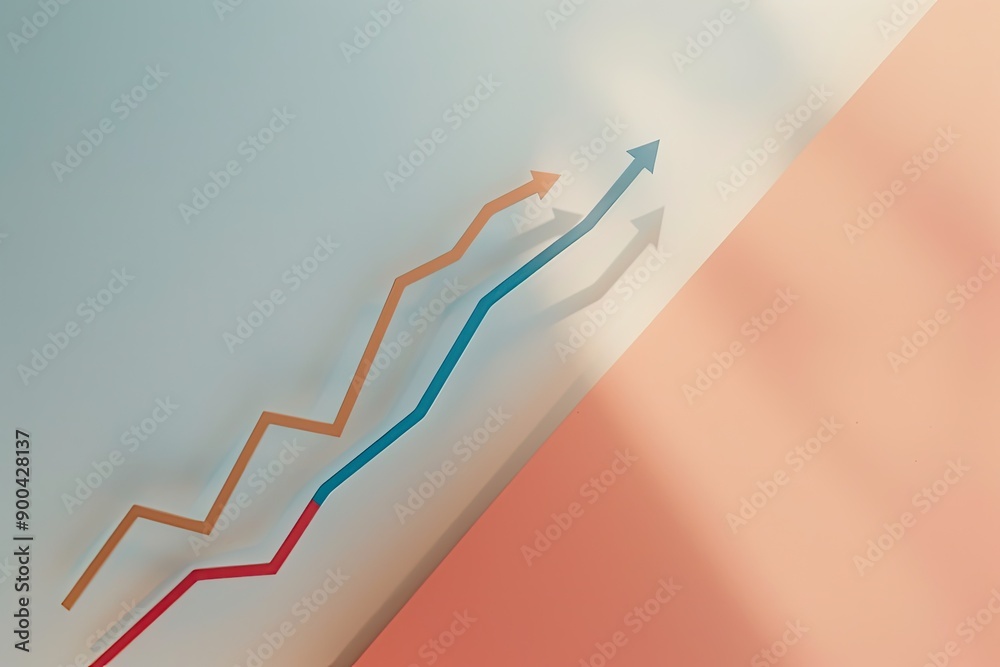 Poster colorful background with mountain and waves, graph with an upward trend, symbolizing growth and prog