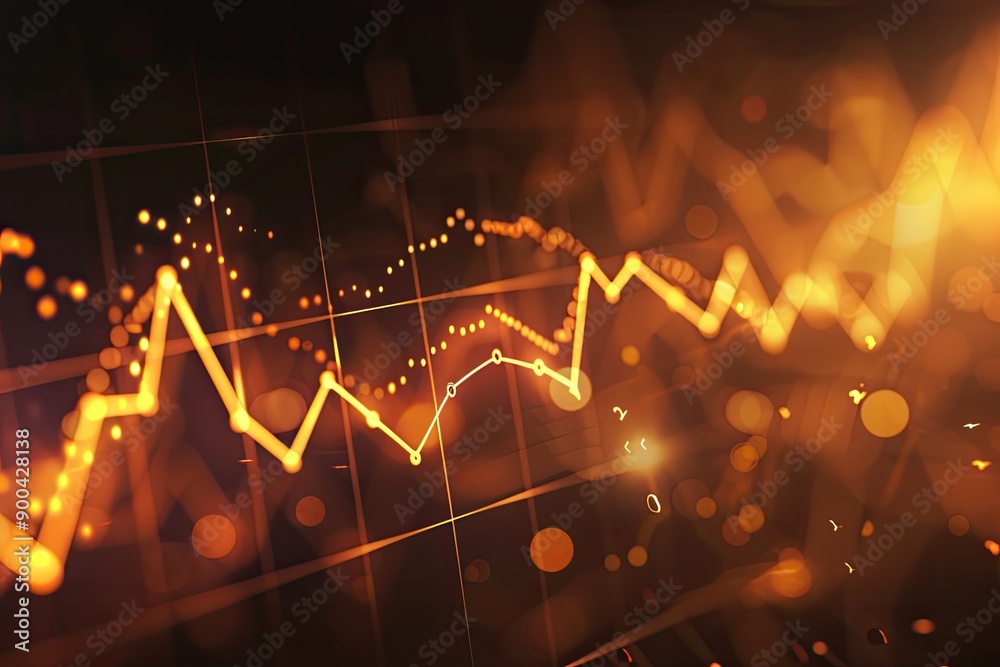 Poster colorful background with mountain and waves, graph with an upward trend, symbolizing growth and prog