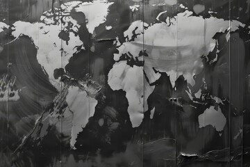 black and white photo of world map, grayscale brushstroke background, infused seamlessly with copy of the global map and coordinates annotated in an intricate typeface