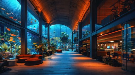 High-Tech Coworking Space with Robotic Assistants and Bioluminescent Decor for Entrepreneurs