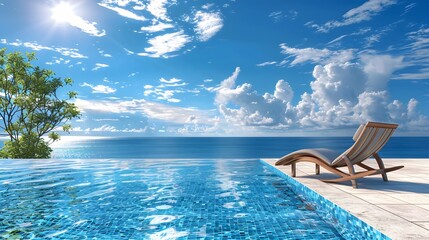 Fototapeta premium Reclining chair near a swimming pool, sea and blue sky panoramic background. 