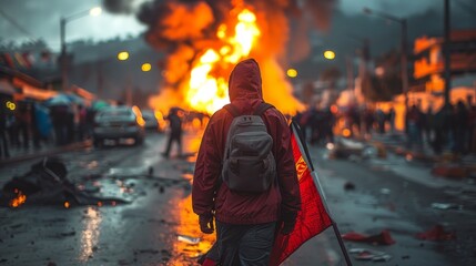 Amidst the upheaval, a man holding a flag stands resolute, confronted by the burning car and bustling streets, symbolizing the resistance against government actions amidst growing dissent.