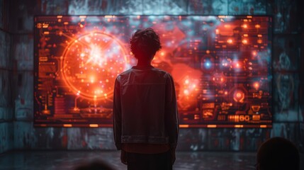 A young person stands in a dark room, facing a large digital map with a red glowing globe in the center. The map is filled with data and lights, highlighting different areas