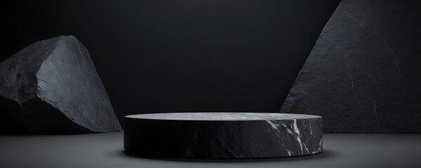 A dark minimalist product display featuring a textured black stone podium on a dark background with subtle lighting. Ideal for showcasing luxury, high-end, or masculine products.