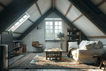 Beautiful cozy attic living space with natural light and rustic decor