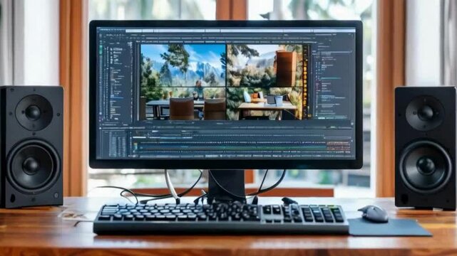 computer monitor with headphones editing on it 