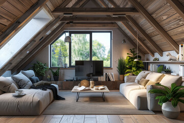 Fototapeta premium Cozy attic living room decorated with plants and natural light in modern style