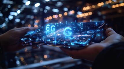 Experiencing the revolution of 6G technology through the gentle touch on a cutting-edge gadget, revealing a new era of mobile communication.