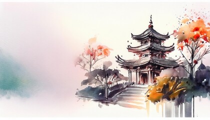 Obraz premium Watercolor illustration of an Asian temple surrounded by autumn trees, blending nature and architecture in a harmonious composition.