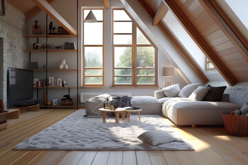 Cozy modern attic living room with natural light and minimalist decor in a trendy urban home