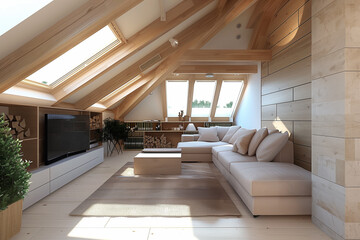 Modern cozy loft living room with skylights and minimalist design in bright natural light
