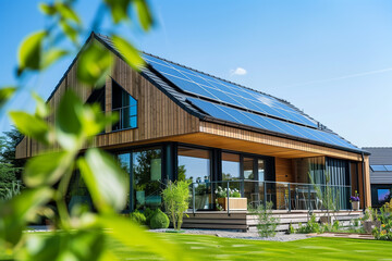 Obraz premium Modern eco-friendly home with solar panels surrounded by lush green landscaping on a sunny day