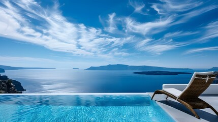 Obraz premium Reclining chair near a swimming pool, sea and blue sky panoramic background. 