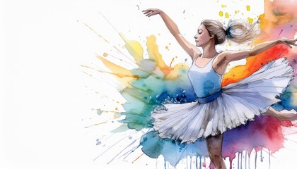 Obraz premium Graceful ballerina in a white tutu dancing with vibrant watercolor splashes in the background, merging art and dance beautifully.