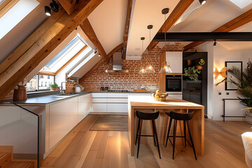 Modern kitchen with exposed beams and skylights in cozy loft apartment