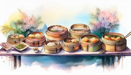 Colorful watercolor painting of assorted dim sum dishes served in bamboo steamers, set on a table with floral background.