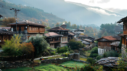 Beautiful traditional village nestled in the mountains, captured in raw style photography with vibrant colors.