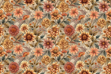 Obraz premium Seamless pattern of bright autumn orange and pink flowers