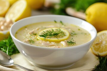 A bowl of avgolemono soup, a traditional lemon chicken soup with rice, garnished with fresh dill.