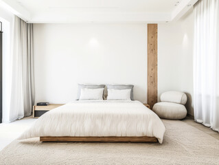 Luxurious hotel room interiors in warm tones with chic decor and natural lighting.