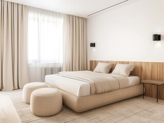 Luxurious hotel room interiors in warm tones with chic decor and natural lighting.