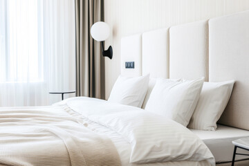Luxurious hotel room interiors in warm tones with chic decor and natural lighting.